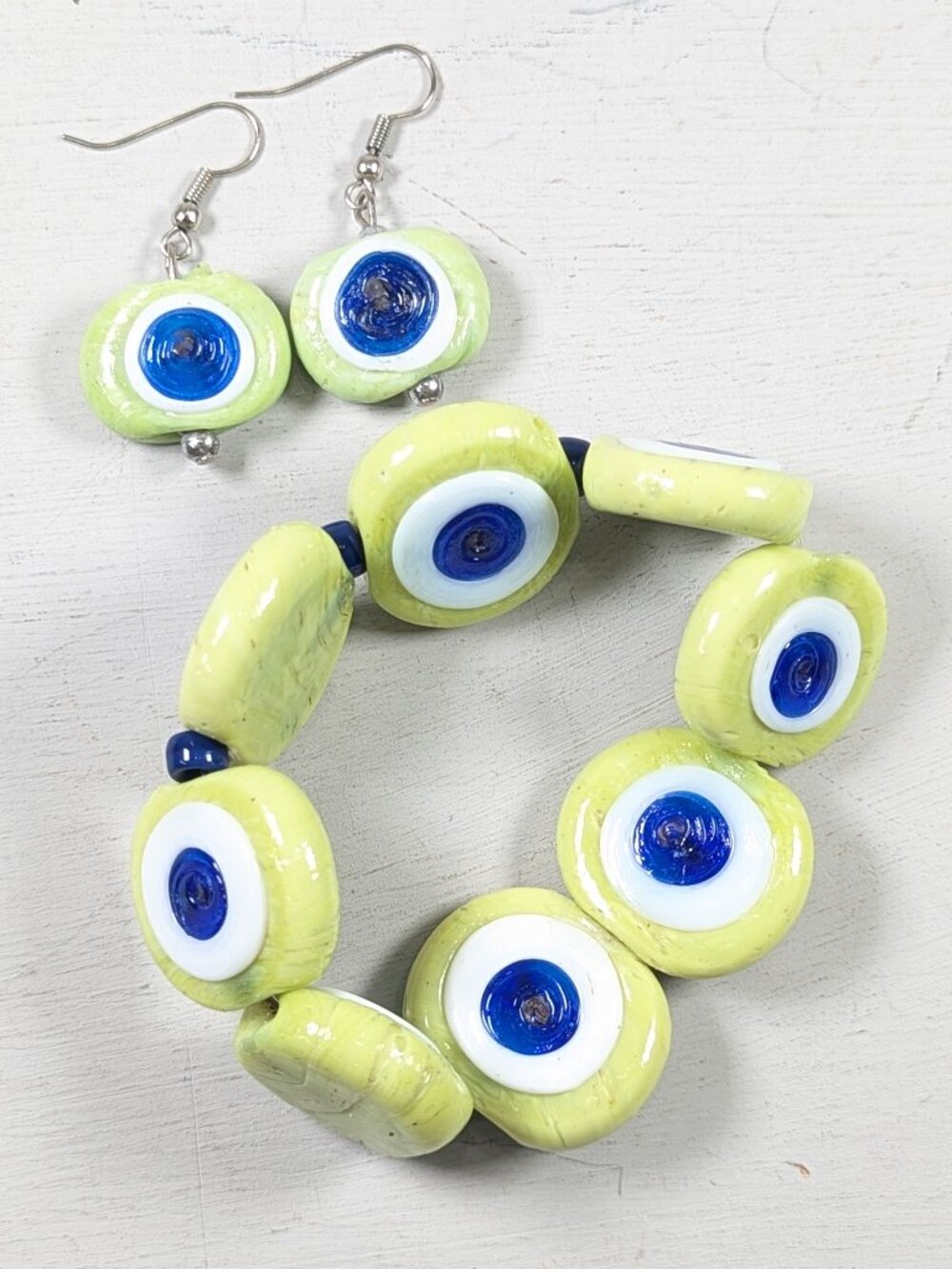 Handmade Lampwork Glass EVIL EYE bracelet + earring set, protective jewelry